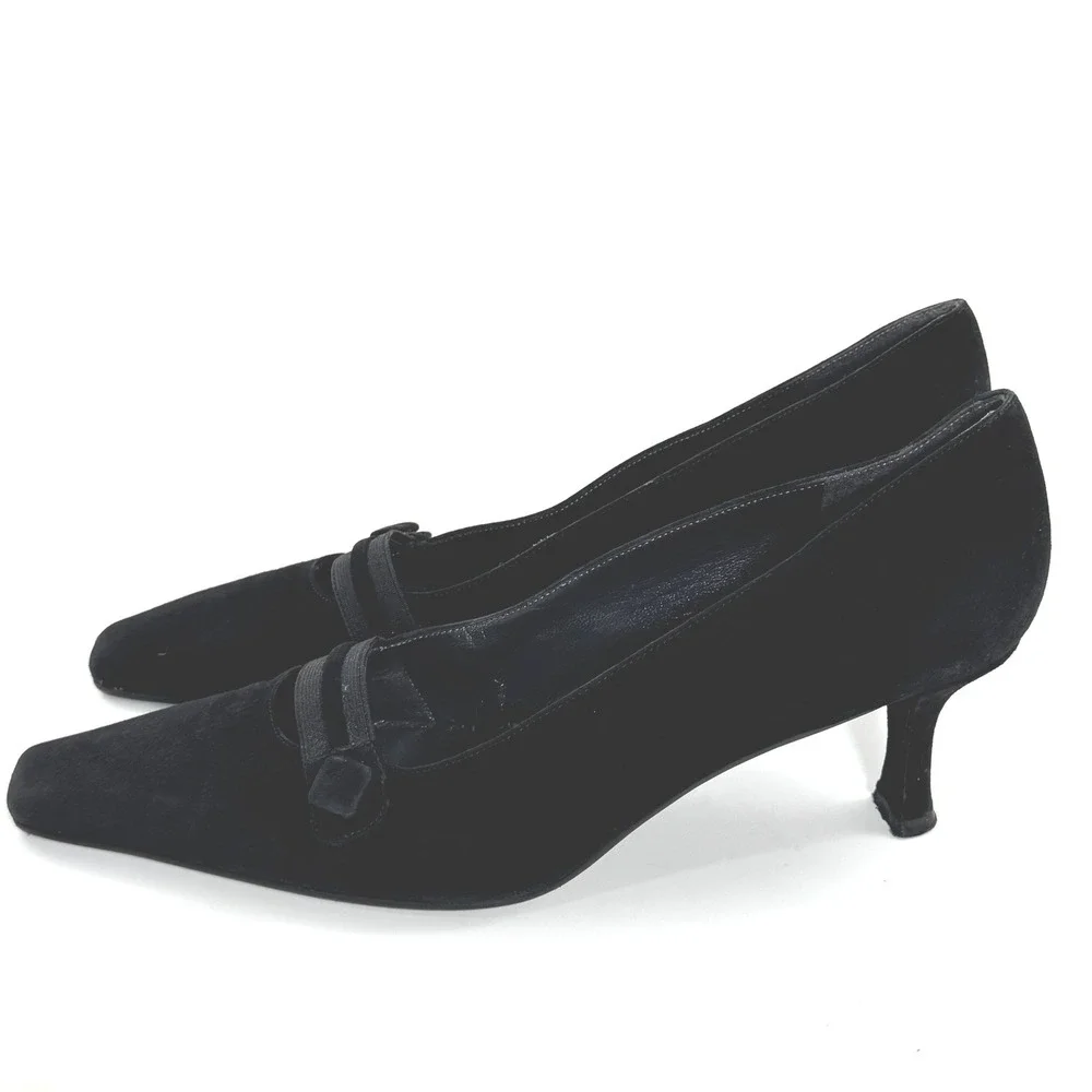 Stuart Weitzman Black Suede Kitten Heel Pumps Square Toe Spain 9M A293374 - Picture 4 of 7